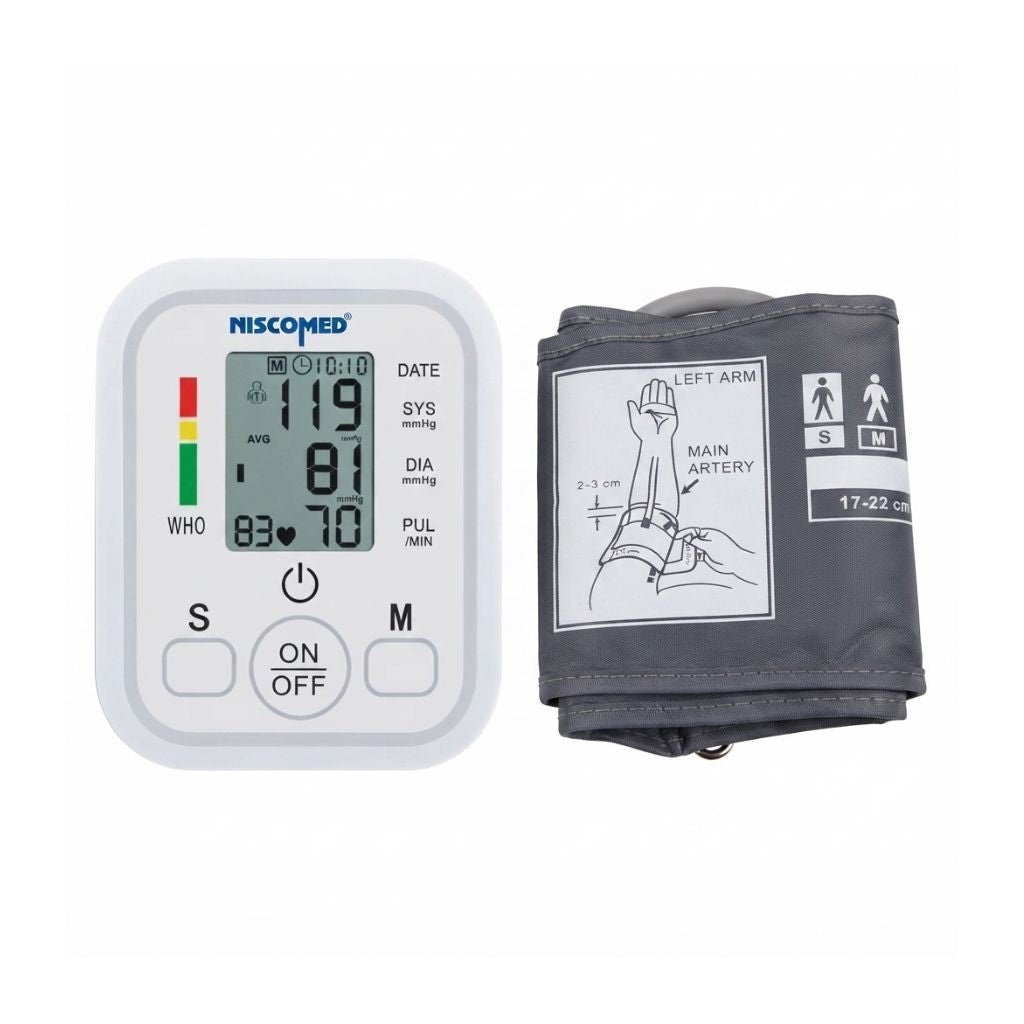 Niscomed digital blood pressure machine cuff placement guide for the left arm showing 2-3cm above the elbow with 17-22cm cuff size marking and average reading display for consistent and accurate measurement results.