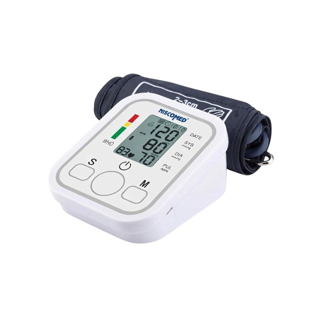 Niscomed digital blood pressure machine showing a clear reading of 120/80 mmHg systolic/diastolic with pulse rate and WHO risk indicator for easy interpretation of your cardiovascular health.