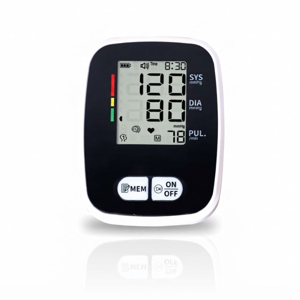 Niscomed digital BP monitor displaying a clear reading of 120/80 mmHg systolic/diastolic with a pulse of 78 bpm, time stamp, and memory function for tracking daily cardiovascular health.