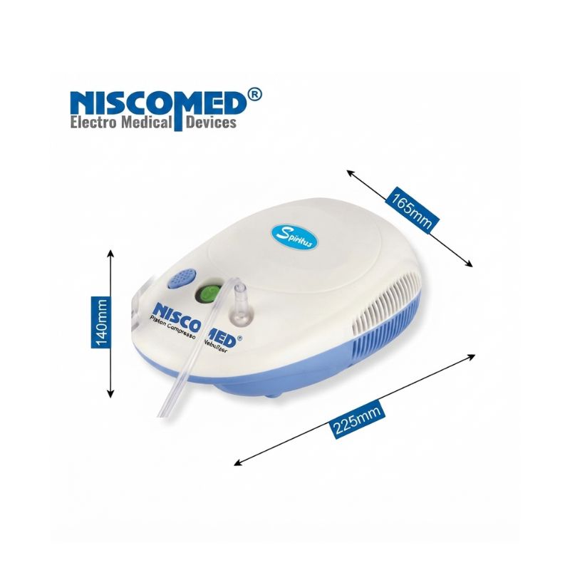 Niscomed NB-117 portable nebulizer box front – piston compressor nebulizer with Spiritus system for aerosol therapy, 1-year warranty, and NISCO JED branding for reliable respiratory treatment.