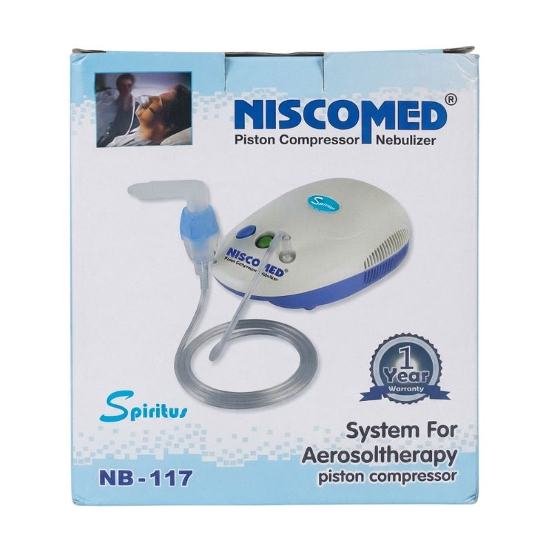 Niscomed NB-117 portable nebulizer – piston compressor system for aerosol therapy, featuring 1-year warranty, Spiritus branding, and compact design for effective respiratory treatment at home or on the go.