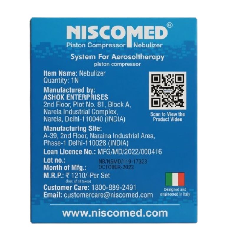 Niscomed NB-119 piston compressor nebulizer product label – item name nebulizer, quantity 1N, manufactured by Ashok Enterprises, loan license MFG/MD/2022/000416, MRP ₹1210 per set, customer care 1800-889-2491, designed and engineered in Italy, and scan to view product video.