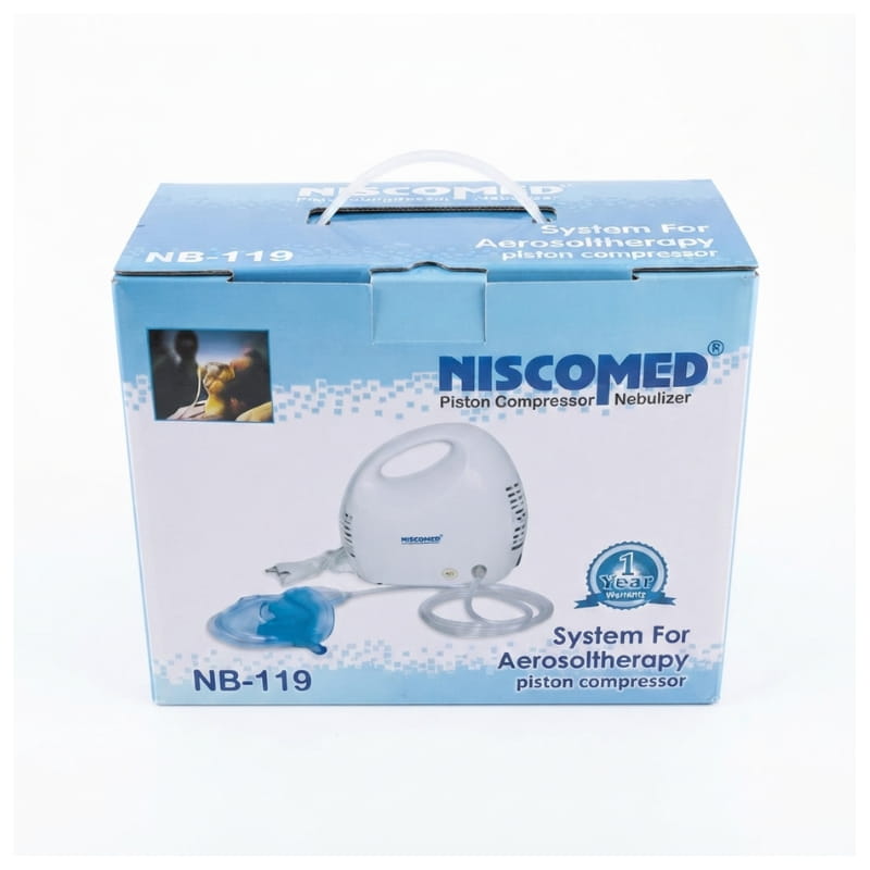 Niscomed NB-119 piston compressor nebulizer box front – system for aerosol the