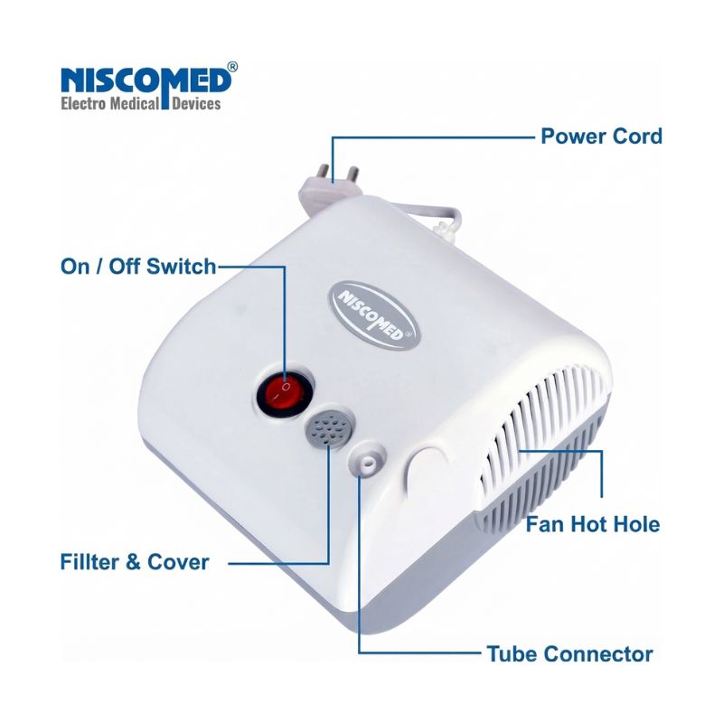 Niscomed NB-121 nebulizer parts diagram – power cord, on/off switch, fan hot hole, filter and cover, and tube connector for easy setup and operation.