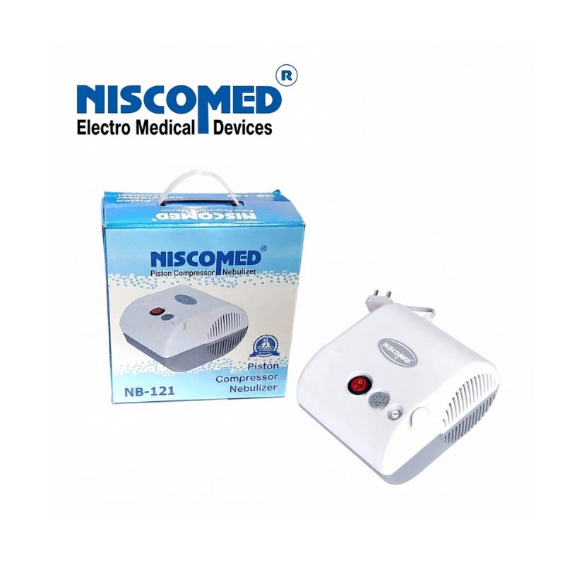 Niscomed NB-121 piston compressor nebulizer box front – portable nebulizer machine with piston compressor technology for effective aerosol therapy.