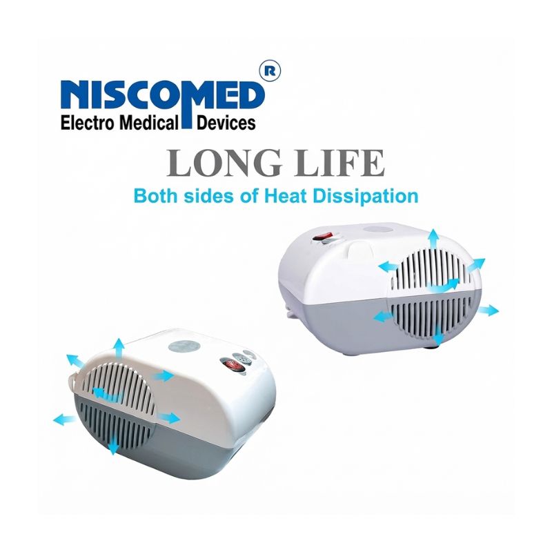 Niscomed piston compressor nebulizer – long life design with both sides heat dissipation for durable and reliable respiratory therapy.
