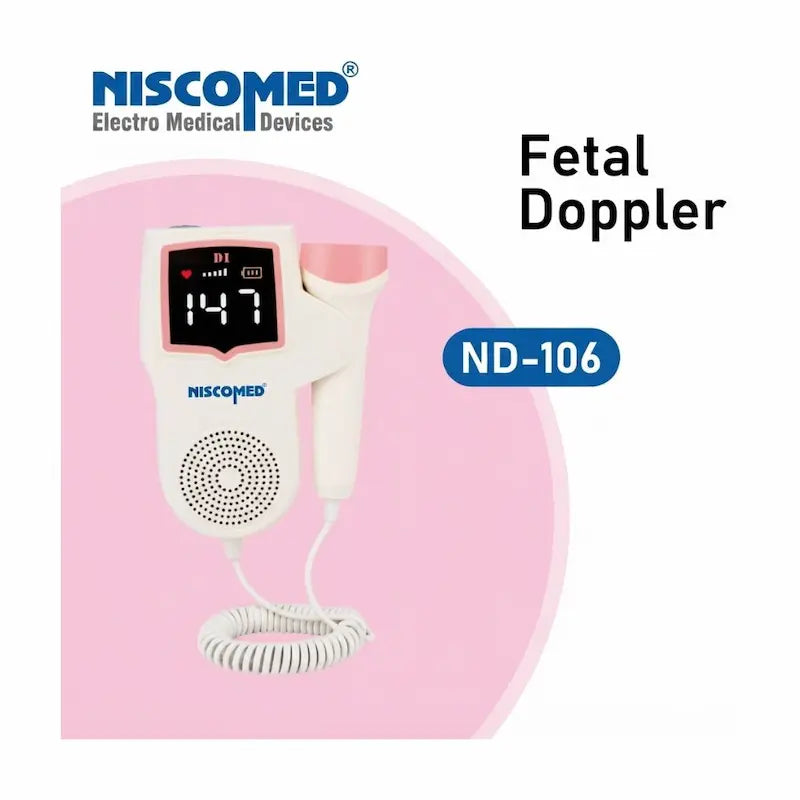 Niscomed ND-106 fetal doppler front view with LCD display – a lightweight and portable electro-medical device for monitoring fetal heart rate at home or in clinical settings.