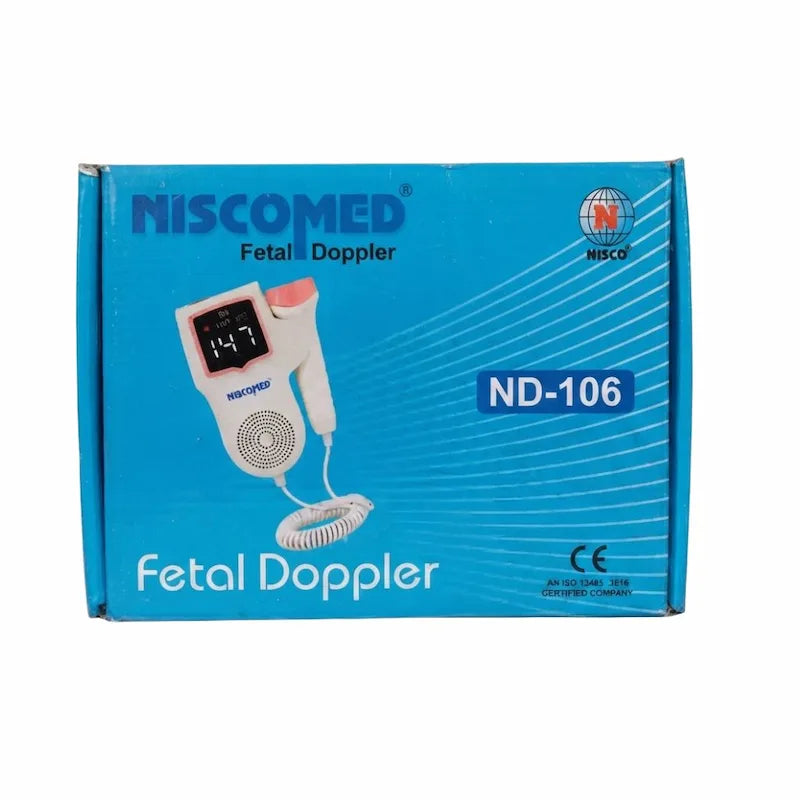 Niscomed ND-106 fetal doppler packaging showing CE certified and ISO 13485 compliance – a reliable handheld device for listening to your baby's heartbeat during pregnancy.