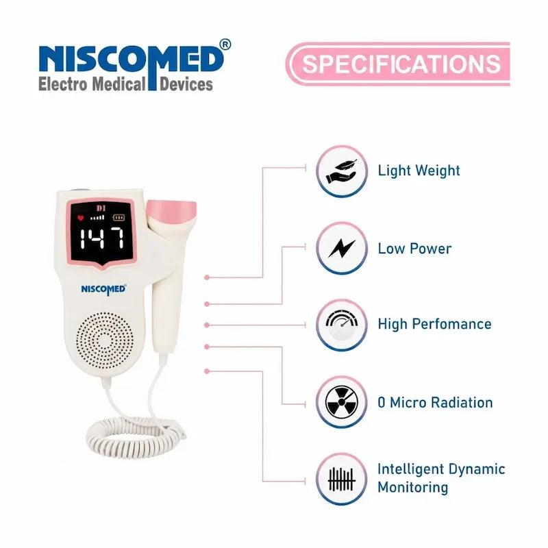 Niscomed ND-106 fetal doppler key specifications – lightweight design, low power consumption, high performance, zero micro radiation, and intelligent dynamic monitoring for safe and accurate fetal heart detection.