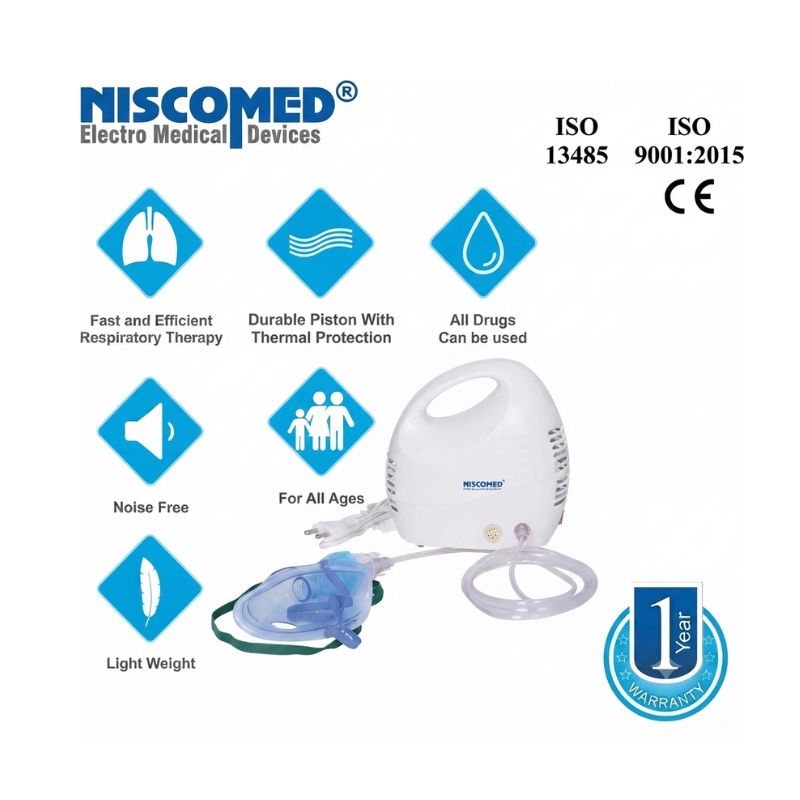 Niscomed piston compressor nebulizer key features – ISO 13485, ISO 9001:2015, CE certified, fast and efficient respiratory therapy, durable piston with thermal protection, all drugs can be used, noise-free operation, suitable for all ages, and backed by 1-year warranty.