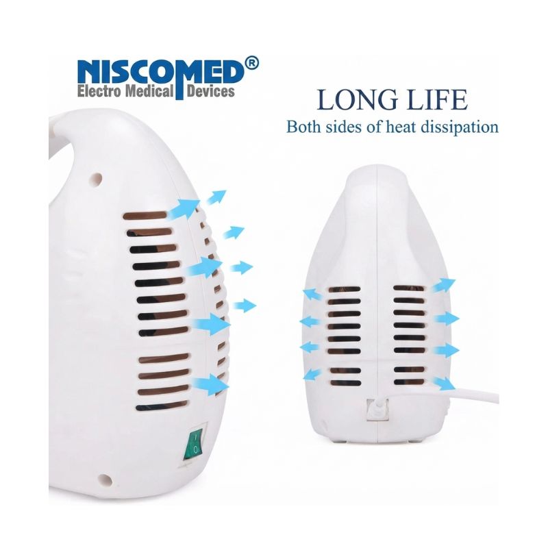 Niscomed piston compressor nebulizer – long life design with both sides heat dissipation for durable and reliable respiratory therapy.