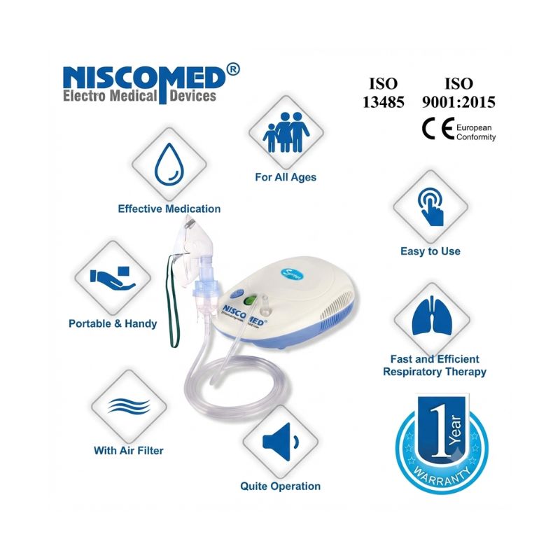 Niscomed portable nebulizer key features – ISO 13485, ISO 9001:2015, and CE certified, suitable for all ages, effective medication delivery, portable and handy, fast and efficient respiratory therapy with air filter and quiet operation, backed by 1-year warranty.
