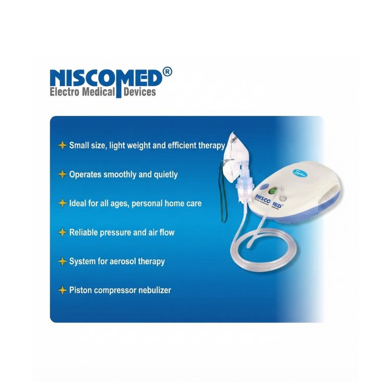 Niscomed portable nebulizer – small size, lightweight, and efficient therapy, operates smoothly and quietly, ideal for all ages and personal homecare with reliable pressure and airflow for aerosol therapy.
