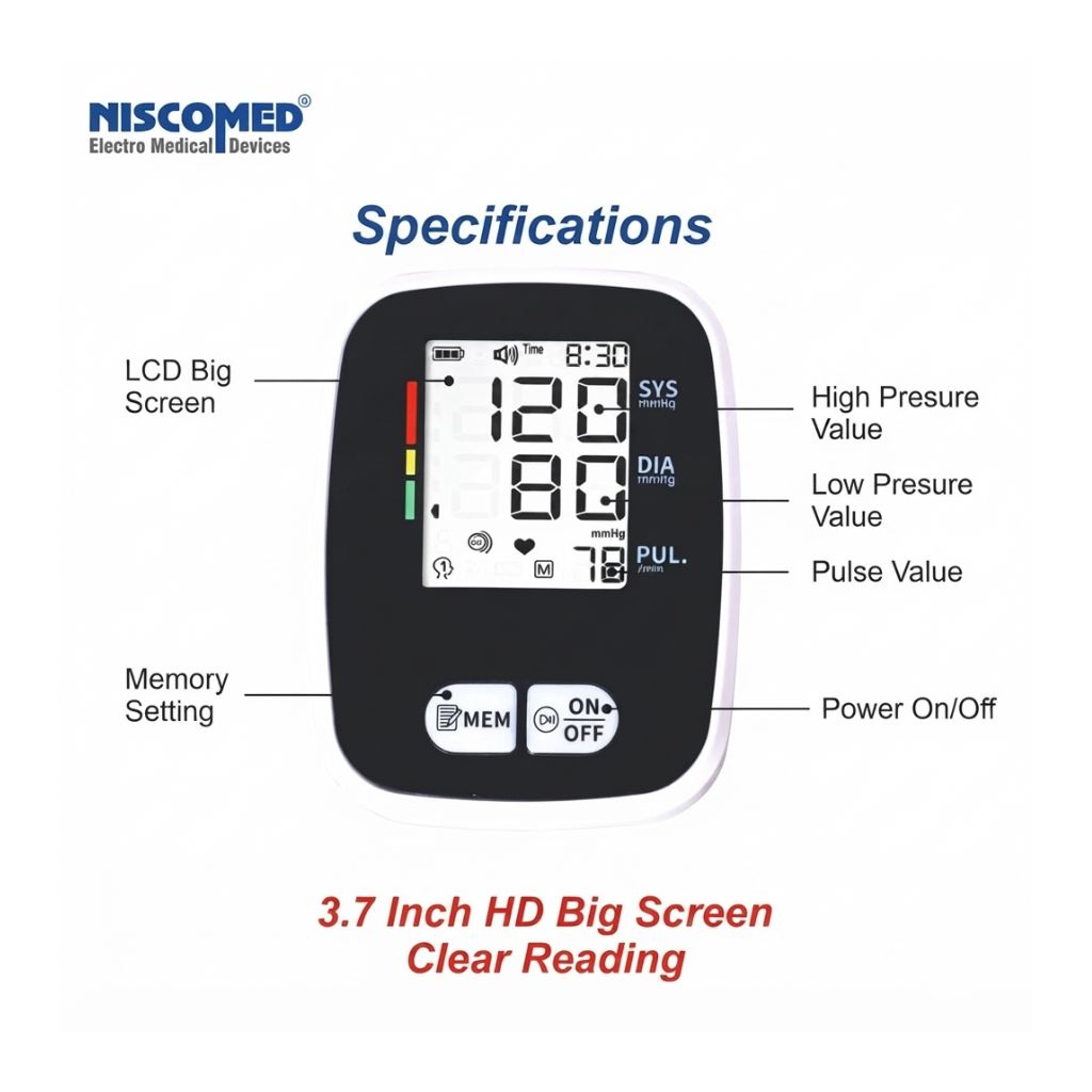 Niscomed PW-221 digital BP monitor featuring a 3.7-inch HD big LCD screen that clearly displays high and low pressure values, pulse rate, and time for easy reading.