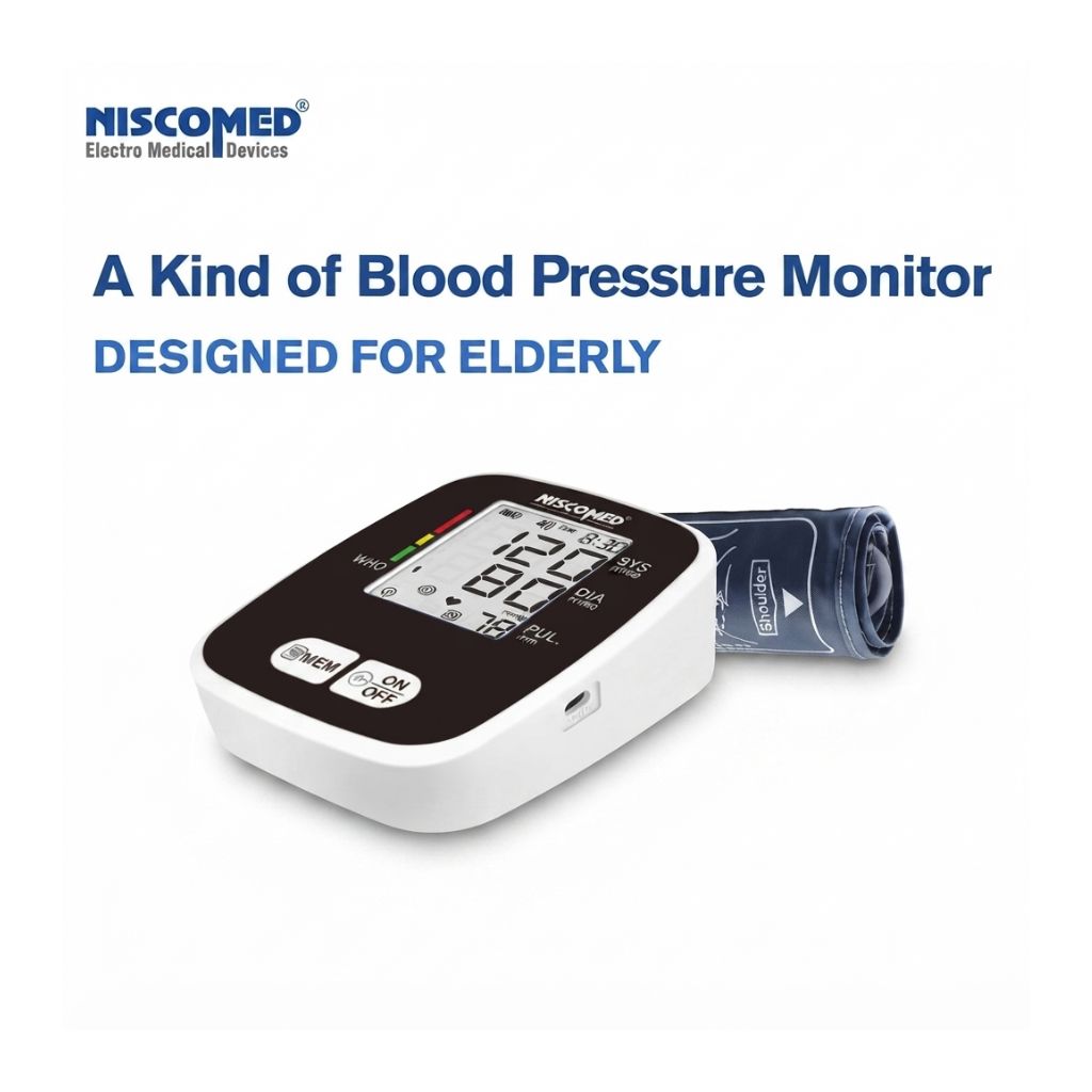 Niscomed PW-221 digital BP monitor specially designed for elderly users with large ON/OFF and pulse buttons, ensuring simple, stress-free, and accurate blood pressure checks at home.