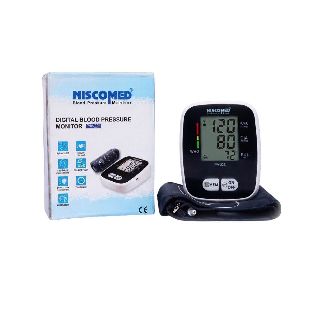 Niscomed PW-221 digital BP monitor front view featuring WHO risk indicator, USB connectivity, CE certification, and memory buttons – a reliable and compact device for accurate home blood pressure management.