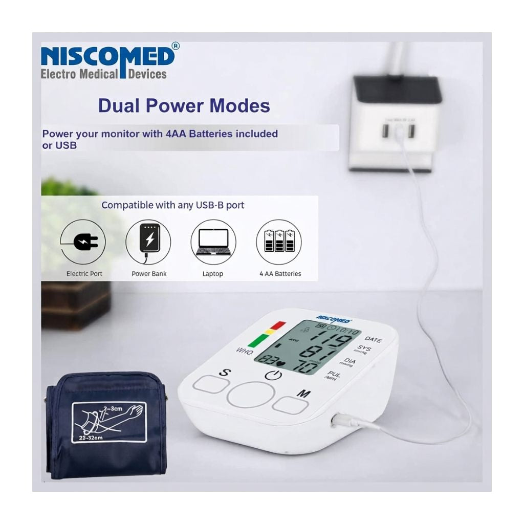 Niscomed PW-222 digital blood pressure machine featuring dual power modes – use 4 AA batteries or a USB connection with any power bank, laptop, or electric port for uninterrupted and flexible home BP monitoring.