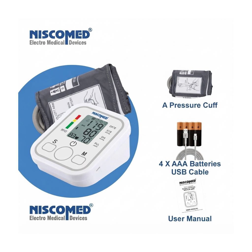 Niscomed PW-222 digital blood pressure machine complete kit including the main unit, a comfortable pressure cuff, 4 AAA batteries, USB cable, and user manual – everything needed for immediate and convenient home use.