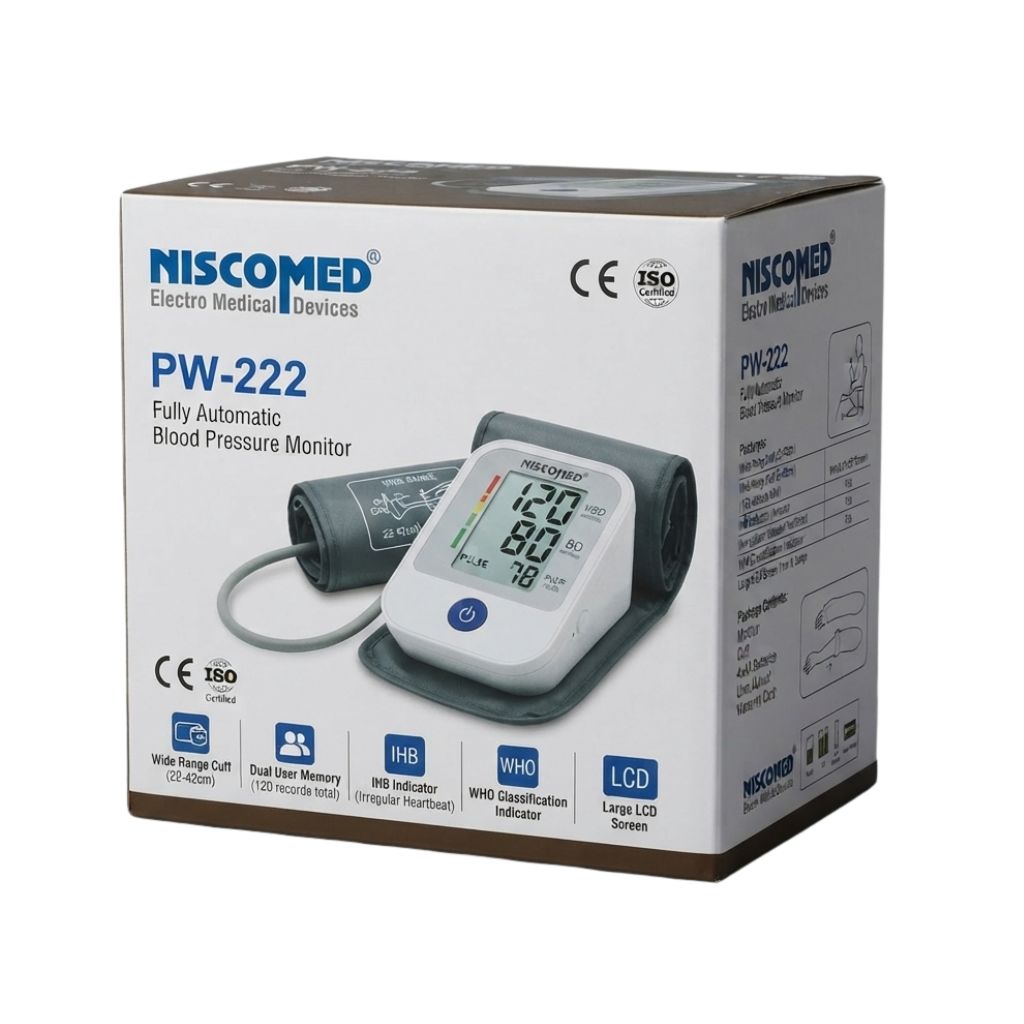 Niscomed PW-222 fully automatic digital blood pressure machine packaging featuring CE and ISO certification, wide range cuff 22-42cm, dual user memory with 120 records, IHB irregular heartbeat indicator, and WHO classification on a large LCD screen.