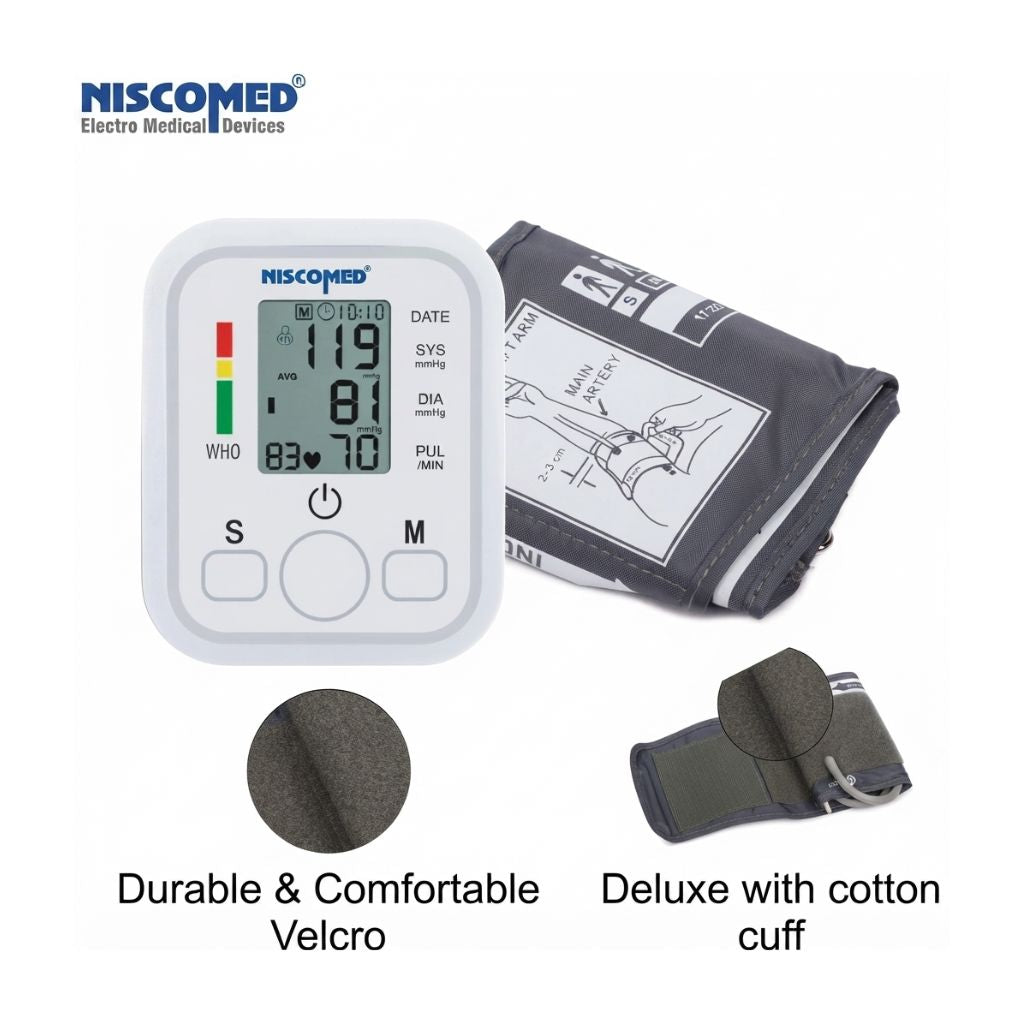Niscomed PW-222 digital blood pressure machine displaying systolic, diastolic, and pulse readings with WHO indicator – featuring a durable and comfortable deluxe cotton velcro cuff for accurate and gentle home blood pressure monitoring.
