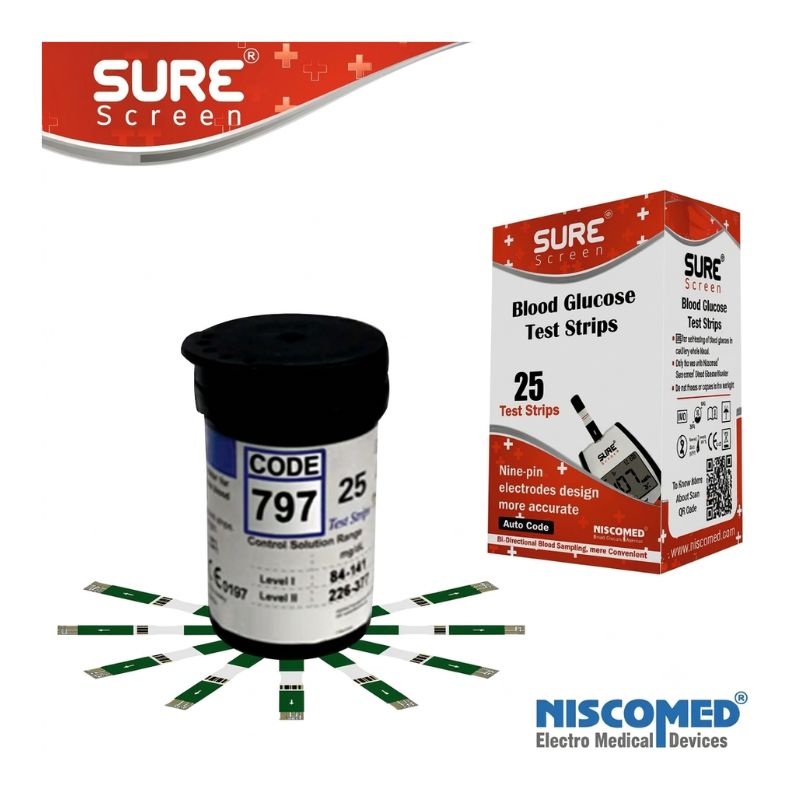 Niscomed SURE Screen strip for glucometer – 25 test strips with CODE 797, nine-pin electrodes design for more accurate results, and auto code technology for easy and reliable blood glucose testing.