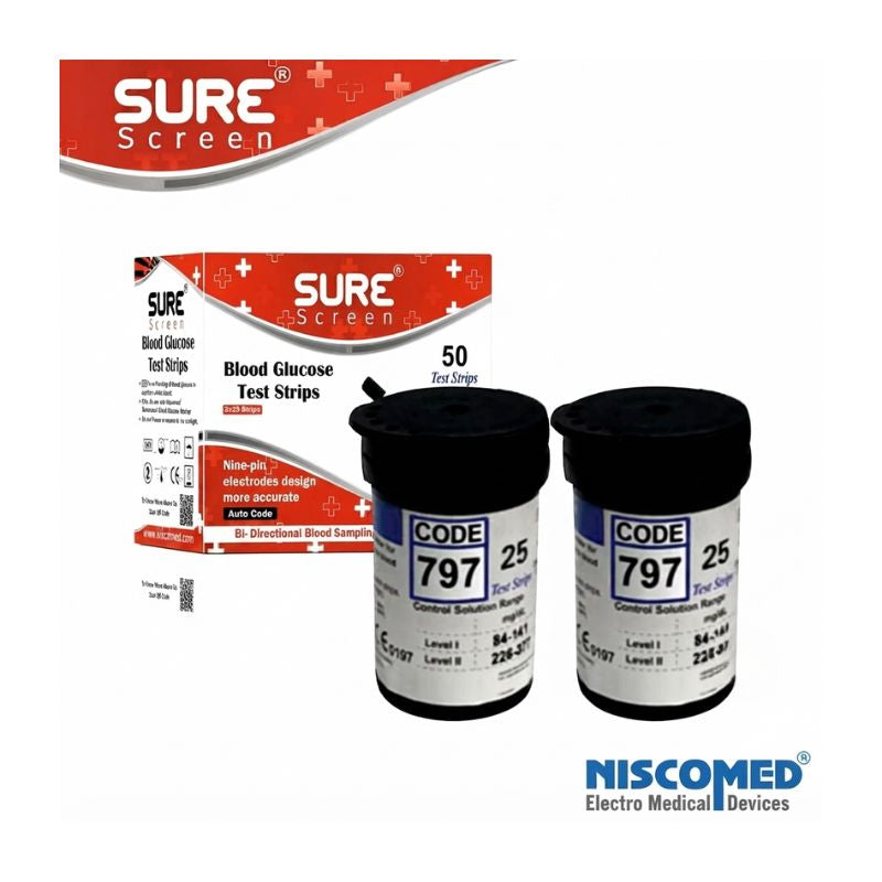 Niscomed SURE Screen blood glucose testing strips – 50 test strips with nine-pin electrodes design for more accurate results, auto code, bi-directional blood sampling, and CODE 797 for reliable diabetes management.