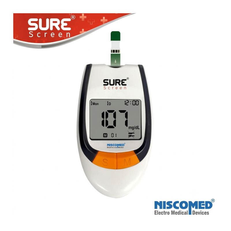 Niscomed SURE Screen strip for glucometer – displaying 107 mg/dL reading on NISCOMED Blood Glucose Monitor with clear screen and reliable results for daily diabetes care.