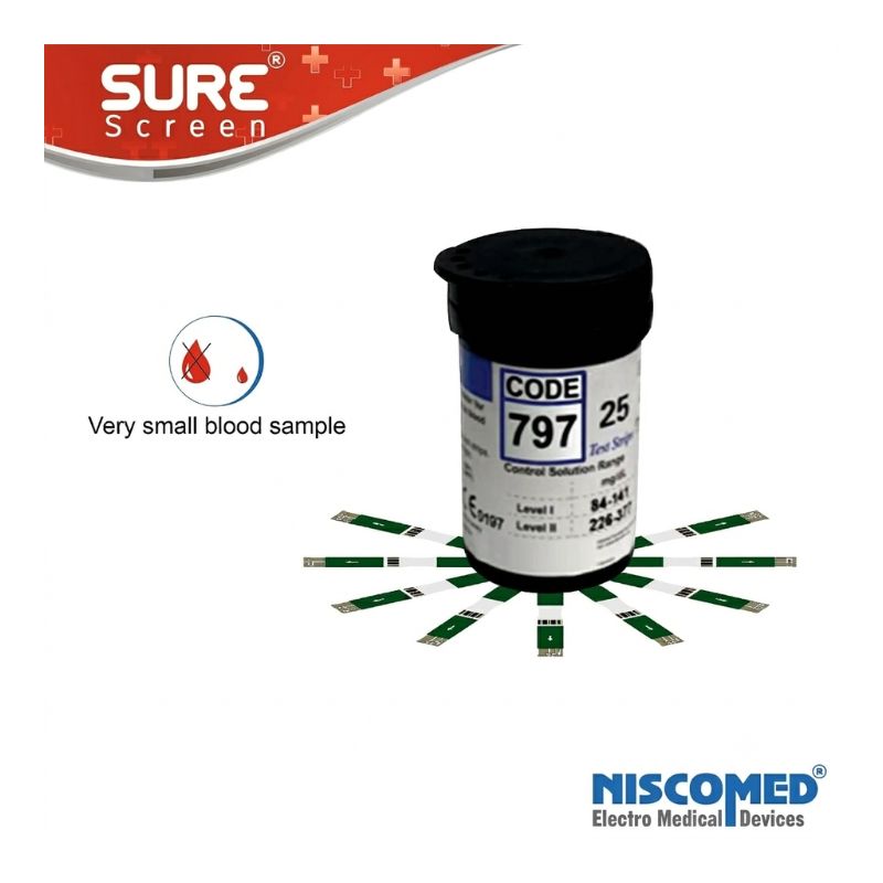 Niscomed SURE Screen strip for glucometer – very small blood sample required, CODE 797, 25 test strips, and Level 1 & 2 control ranges for reliable diabetes management.