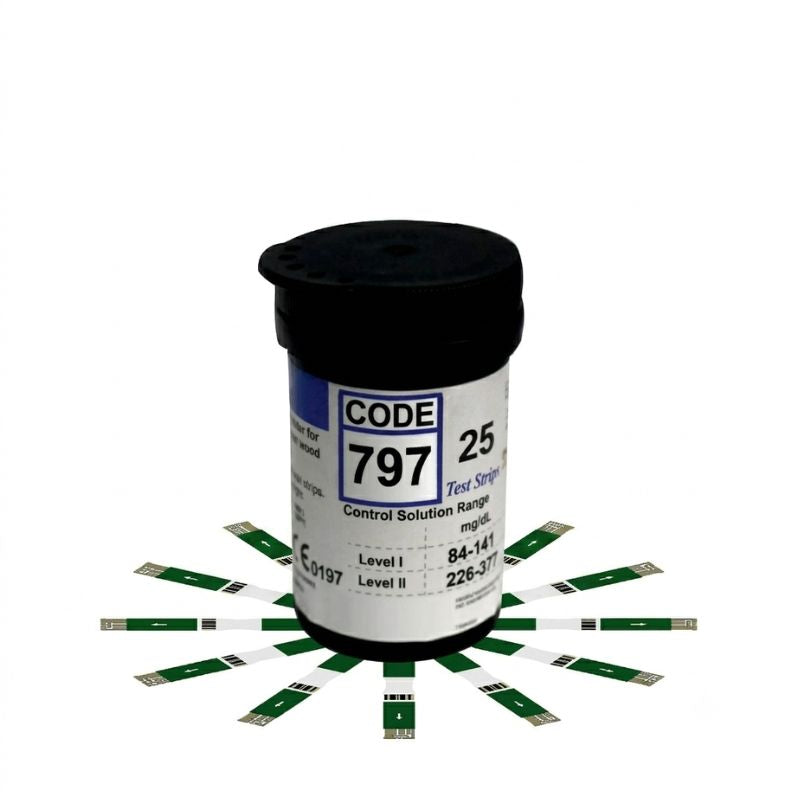 Niscomed SURE Screen strip for glucometer – CODE 797, 25 test strips, Level I control range 84-141 mg/dL and Level II control range 226-377 mg/dL for accurate blood glucose testing.