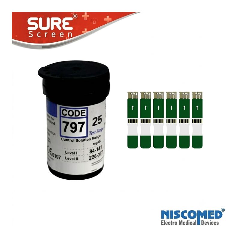 Niscomed SURE Screen strip for glucometer – CODE 797, 25 test strips, control solution range Level I (84-141 mg/dL) and Level II (226-371 mg/dL) for quality assurance.