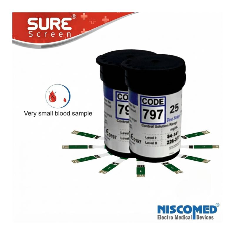 Niscomed SURE Screen blood glucose testing strips with control solution range levels 1-25 and very small blood sample requirement for accurate and reliable diabetes monitoring.
