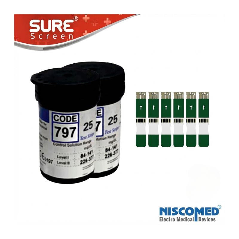 Niscomed SURE Screen blood glucose testing strips – CODE 797 with test solution range and NISCOMED Electro Medical Devices branding for quality and reliable blood sugar testing.