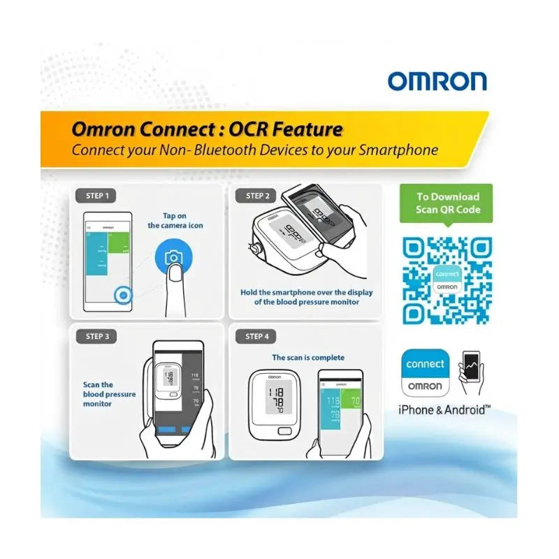 Step-by-step guide showing how to use the Omron Connect app OCR feature with non-Bluetooth devices like the omron bp monitor 7121j.