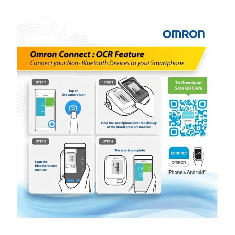 Omron Connect app OCR feature for non-Bluetooth blood pressure monitors – step-by-step guide to scan your device display with smartphone camera and record data on iPhone or Android.