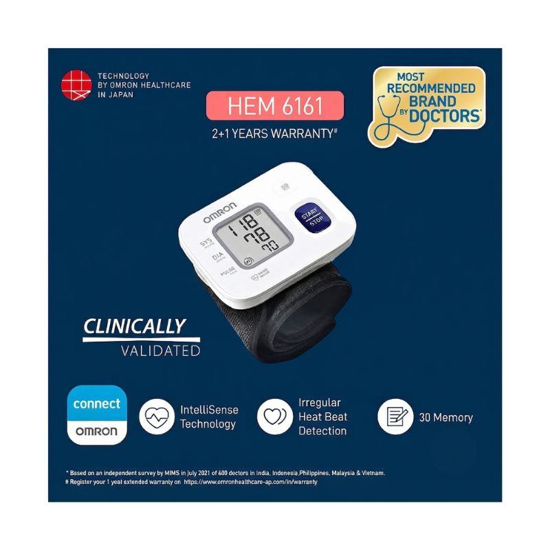Omron HEM-6161 clinically validated wrist blood pressure monitor – featuring IntelliSense technology, irregular heartbeat detection, 30-memory, 2+1 year extended warranty, and trusted as the most recommended brand by doctors worldwide.