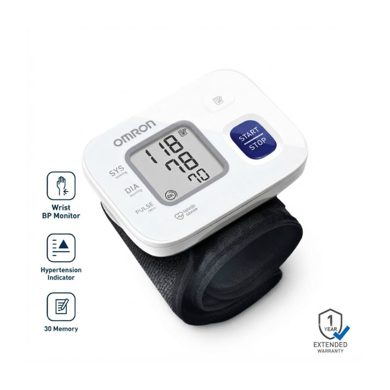 Omron HEM-6161 wrist blood pressure monitor display showing START/STOP button, systolic/diastolic/pulse readings, hypertension indicator, and 30-memory storage for convenient and accurate daily cardiovascular health monitoring.
