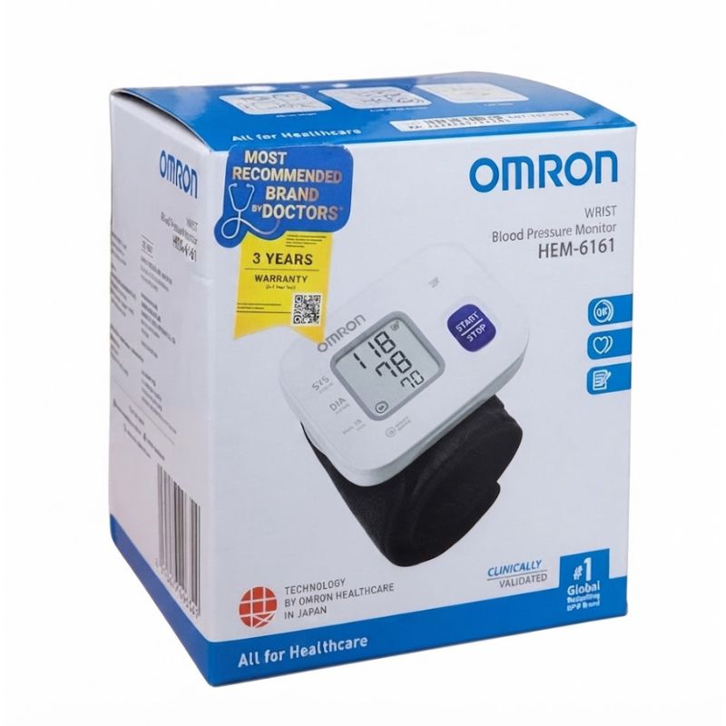 Omron HEM-6161 wrist blood pressure monitor – most recommended brand by doctors with 3-year warranty, clinically validated, and powered by Japanese IntelliSense technology for accurate home health monitoring.