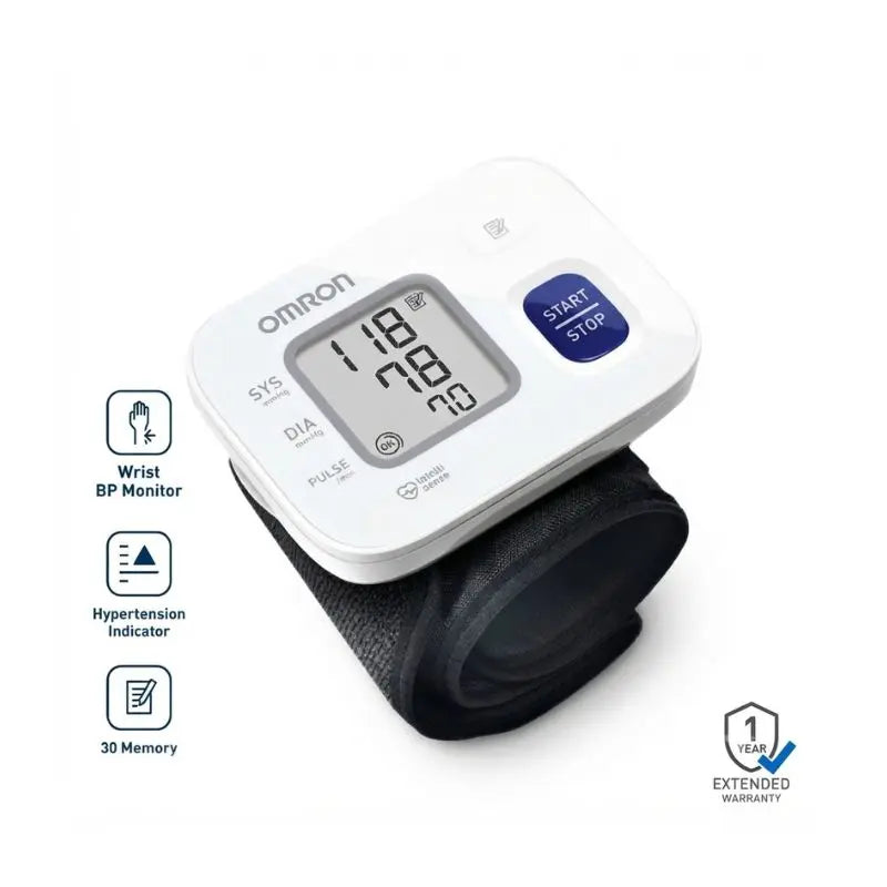 Close-up angle of the Omron HEM 6161 showing its digital display, Start/Stop button, and hypertension indicator.