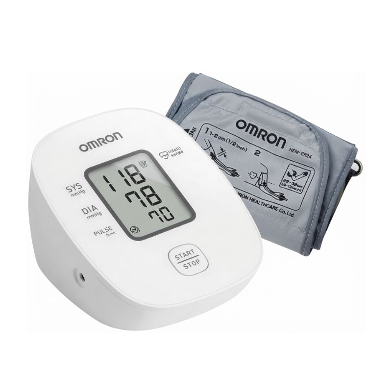 Omron HEM-7121J blood pressure monitor displaying reading of 108/70 mmHg with pulse rate, featuring HEM-CR24 cuff and IntelliSense technology for precise upper arm measurements.