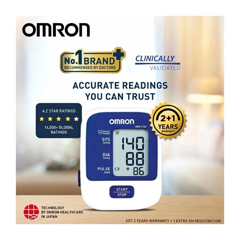 Omron HEM-7124 automatic blood pressure monitor – No.1 doctor recommended brand with 4.2 star ratings, 14,500+ global ratings, clinically validated accuracy, and 2+1 year warranty with Japanese IntelliSense technology.