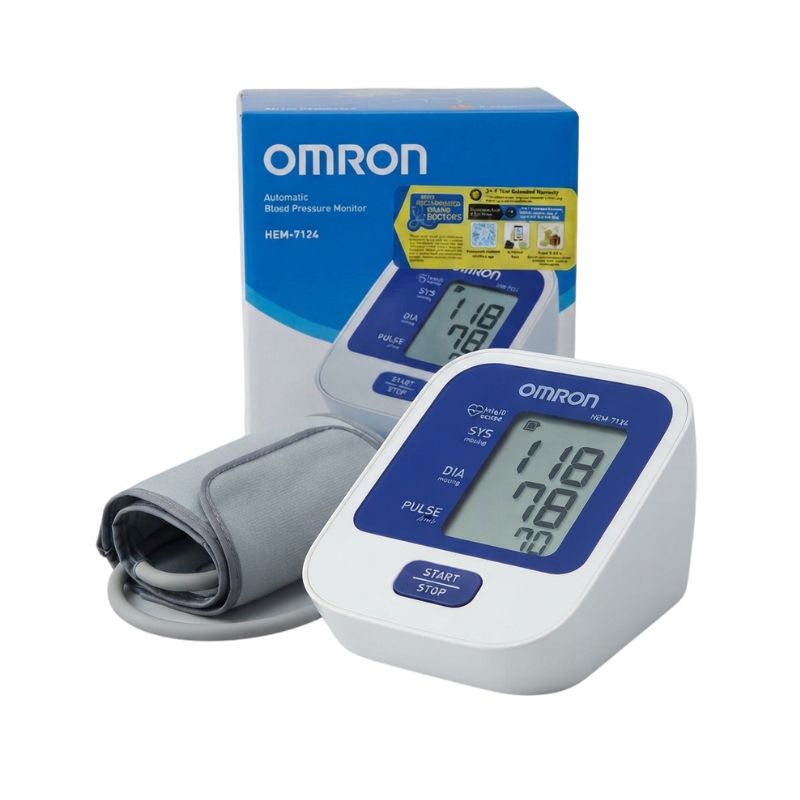 Omron HEM-7124 automatic upper arm blood pressure monitor front view with START/STOP button, clear display, and sleek design – a clinically validated device for accurate home blood pressure tracking.