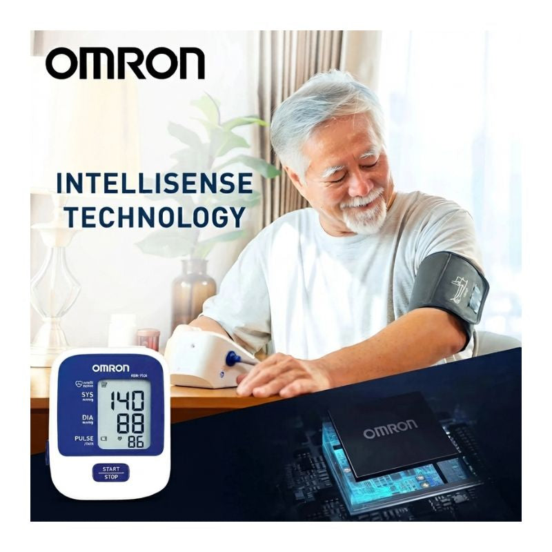 Omron HEM-7124 blood pressure monitor display showing reading of 140/88 mmHg with pulse 86, featuring IntelliSense technology and START/STOP button for easy one-touch operation.