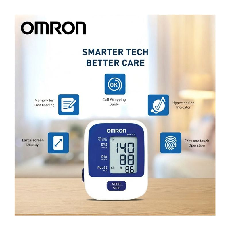 Omron HEM-7124 blood pressure monitor with smarter technology for better care – featuring cuff wrapping guide, hypertension indicator, last memory recall, large screen display, and easy one-touch operation.