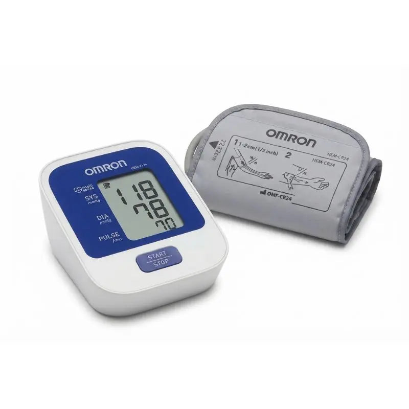 Clean product shot of the omron hem 7124 main digital monitor unit paired with a standard arm cuff.