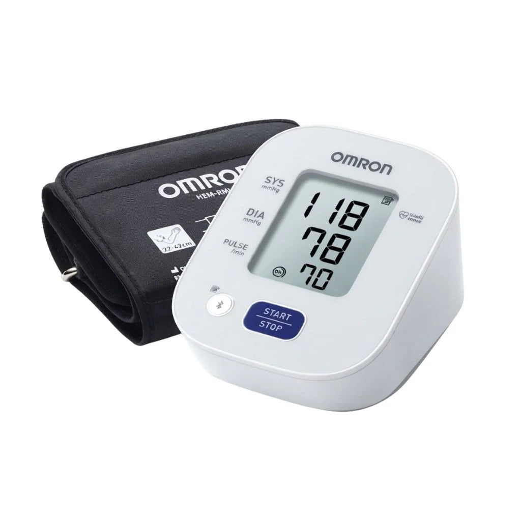 Infographic showing advantages and features of the Omron HEM-7143T1-A monitor.