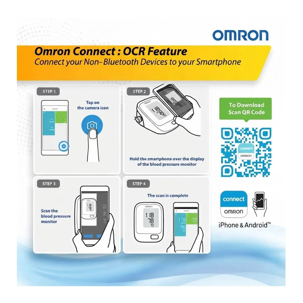 Couple demonstrating the use of an Omron HEM-7143T1-A blood pressure monitor at home.