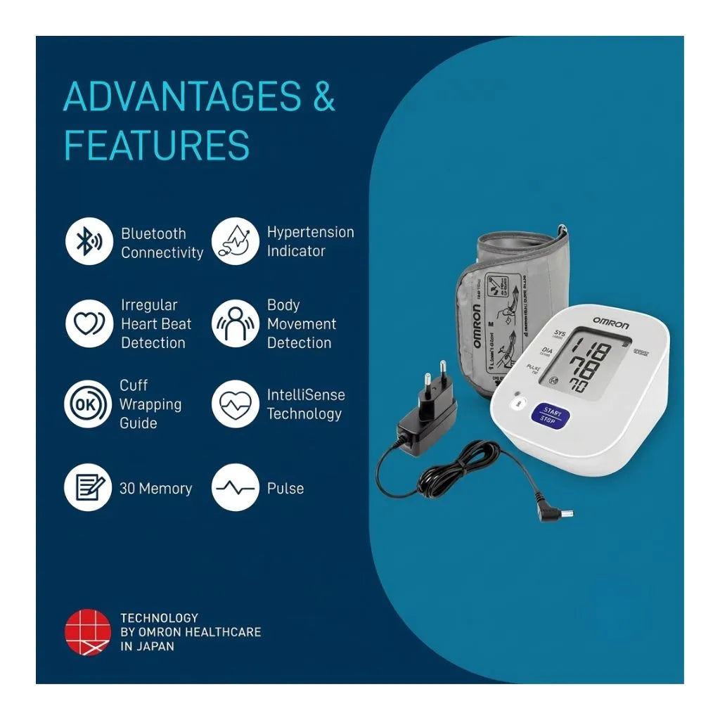 Omron HEM-7143T1-A blood pressure monitor unit with attached arm cuff.