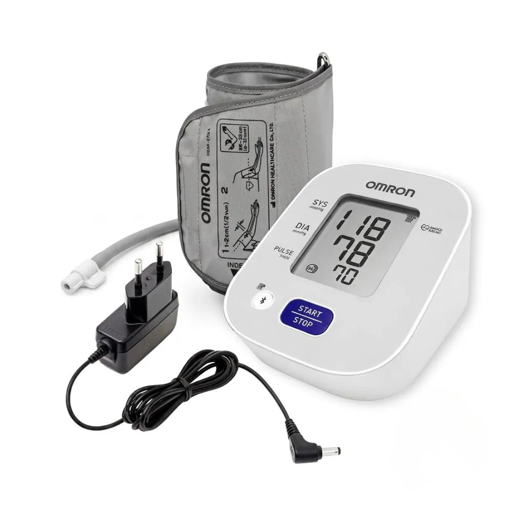 Retail packaging for the Omron HEM-7143T1A automatic blood pressure monitor with adapter.