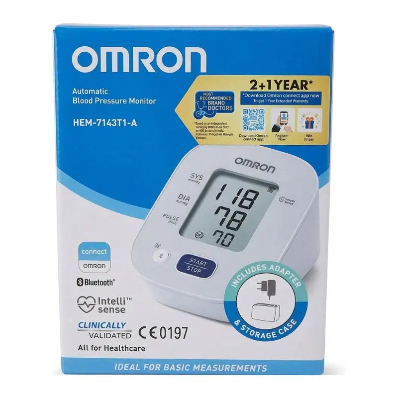Front view of the retail packaging box highlighting clinical validation, 2+1 year warranty, and included adapter for the omron hem 7143t1a.