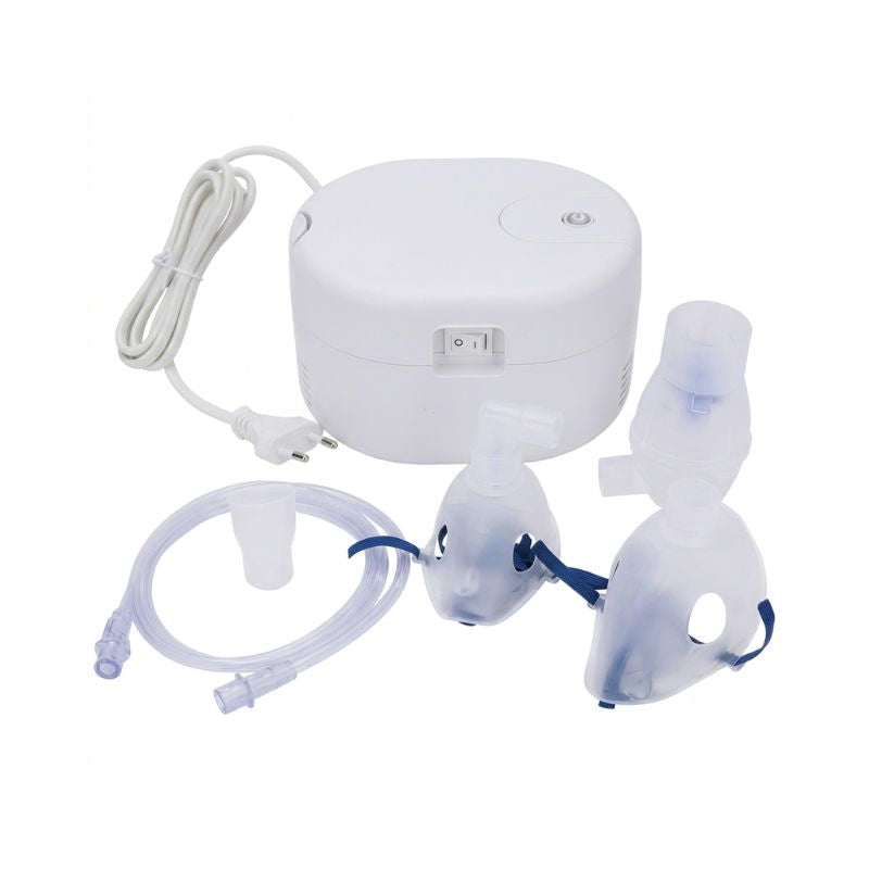 Omron NE-C106 compressor nebulizer complete kit – main unit with adult mask, child mask, mouthpiece, air tube, medication tank, vaporizer head, inhalation top, and spare air filters for immediate and effective respiratory therapy at home.